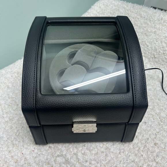 Bey-Berk Men's Black Wood Leather Glass Jewelry Case Double Watch Winder Box